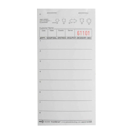 National Checking Waitrpad 3.5"x5.75" 8 Line White 1 Part Guest Check 100 Checks, PK50 3616WP